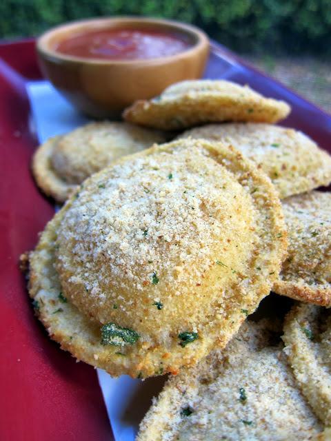 Oven Toasted Ravioli 12 round frozen ravioli, thawed 1 egg 1 Tbsp milk 6 Tbps Italian bread crumbs 2 Tbsp grated parmesan cheese cooking spray Preheat oven to 375 degrees.