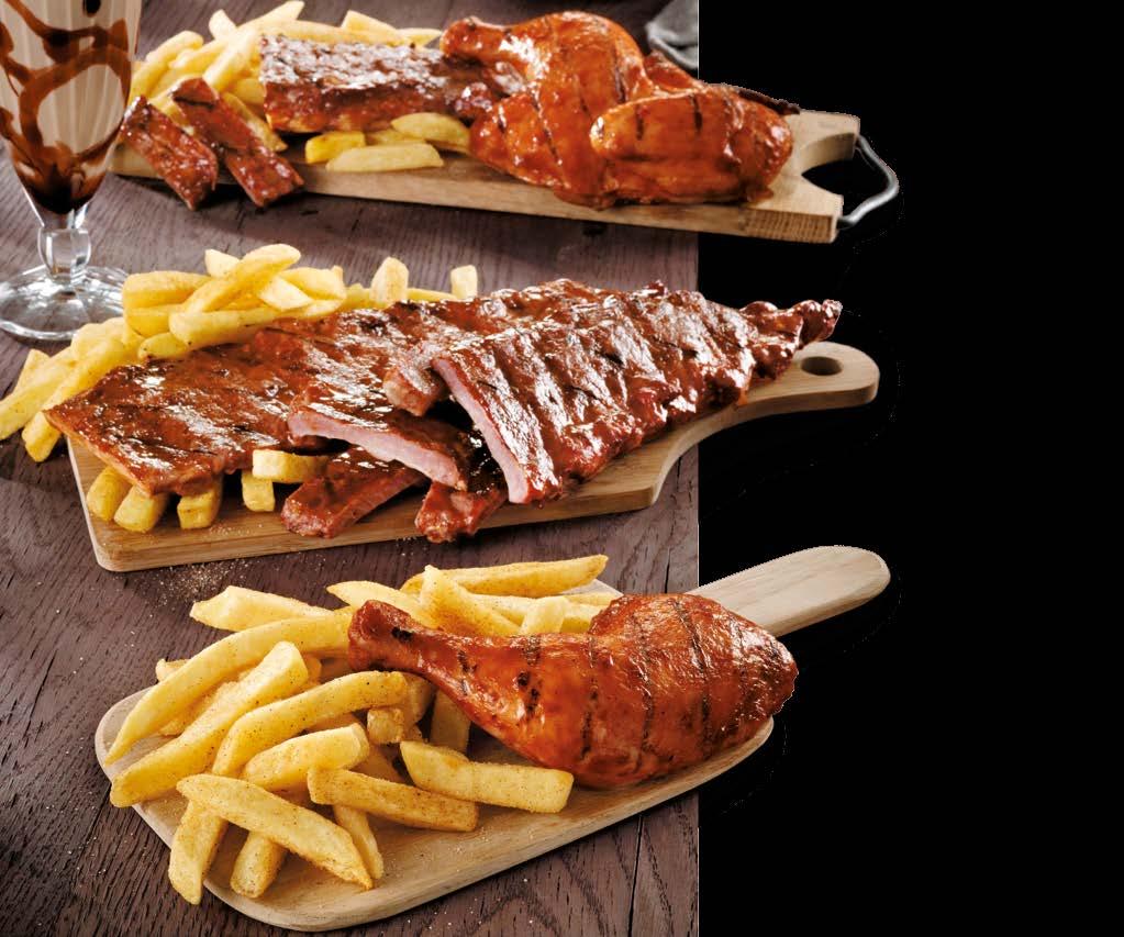 FLAME-GRILLED CHICKEN 1/2 CHICKEN, RIBS & MED CHIPS 1/4 Chicken & Med Chips 49 90 1/2 Chicken & Med Chips 77 90 1/2 Chicken, Ribs 149 90 & Med Chips BBQ RIBS Rib Snack & Med Chips 64 90 180g* Riblets