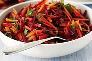 Herbed Carrot and Beet Salad Serves: 6 Preparation: 10 minutes Chilling: 60 minutes 8 carrots, peeled and shredded Combine the carrots, beets, 3 beets, peeled and shredded garlic, and cilantro in a