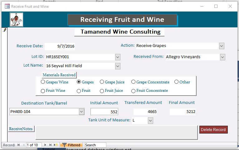 The receiving form is the point where all wine/juice/fruit is entered into the Wine Operations database. It is required to have a LotID prior to filling out this form. See Create New LotID form.