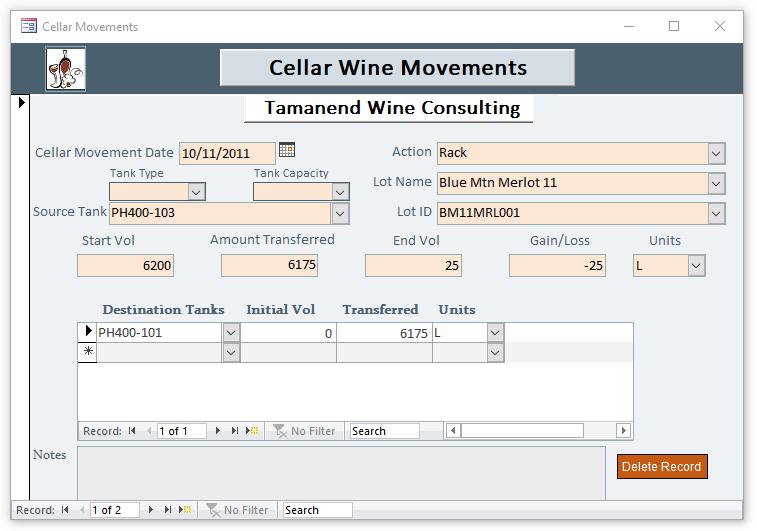 All wine movements that do not involve the addition of materials are recorded in this form.