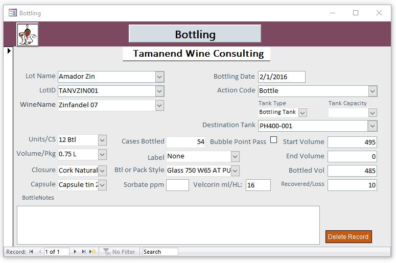 The Bottling form collects valuable information about the status of your wine on the day of bottling.