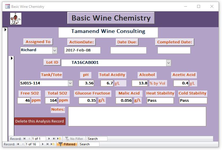 The Basic Wine Chemistry form provides the most frequent analytical tests done