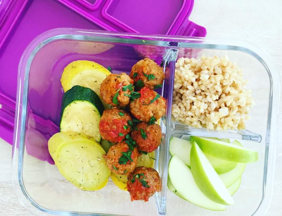 No Pasta Italian Bake ½ cup brown rice 1 apple sliced 1 serving mini meatballs ½ zucchini and ½ yellow squash sliced and baked for 15 minutes at 350 degrees.