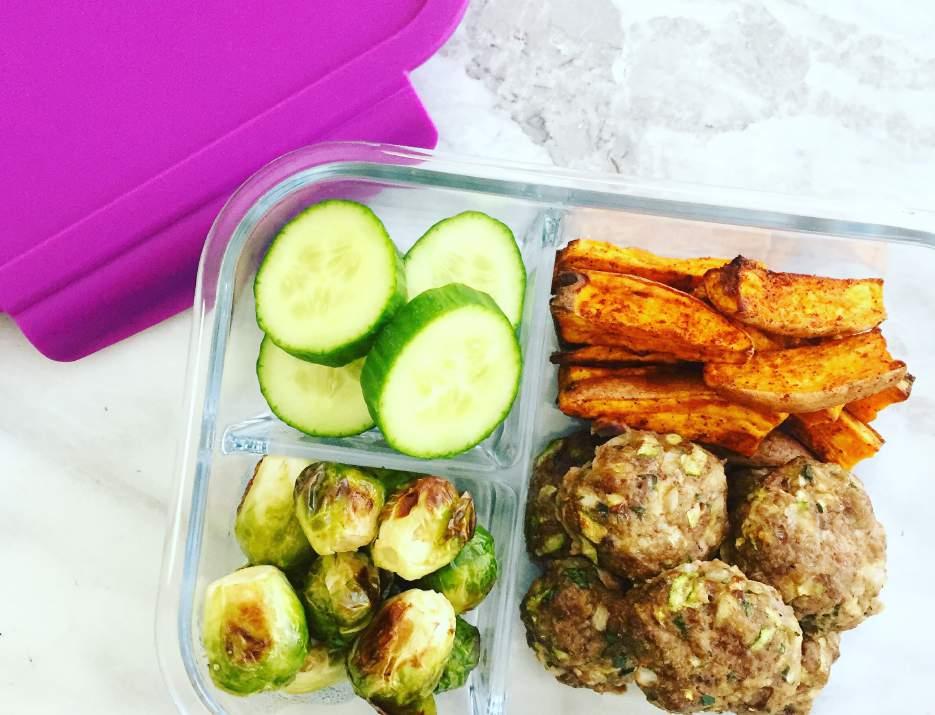 Zucchini Burger Bites ½ chopped cucumber 1 chopped and roasted sweet potato ½ cup roasted Brussels sprouts 6 oz. cooked zucchini burgers Zucchini Burger Recipe 1 lb.
