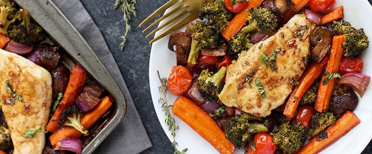 5-DAY EAT CLEAN RECIPE GUIDE One Pan Balsamic Chicken & Veggie Bake Healthy, easy, and delicious! One-Pan Balsamic Chicken Veggie Bake is quick to prep and in the oven for less than 20 minutes.