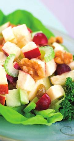 LESSON 3: Fall Fruits 199 Chicken Waldorf Salad Makes: 6 servings Serving size: ½ cup 3 apples, washed, cored, and chopped 3 Tablespoons orange juice 1/4 cup reduced-fat mayonnaise 1/4 cup nuts,