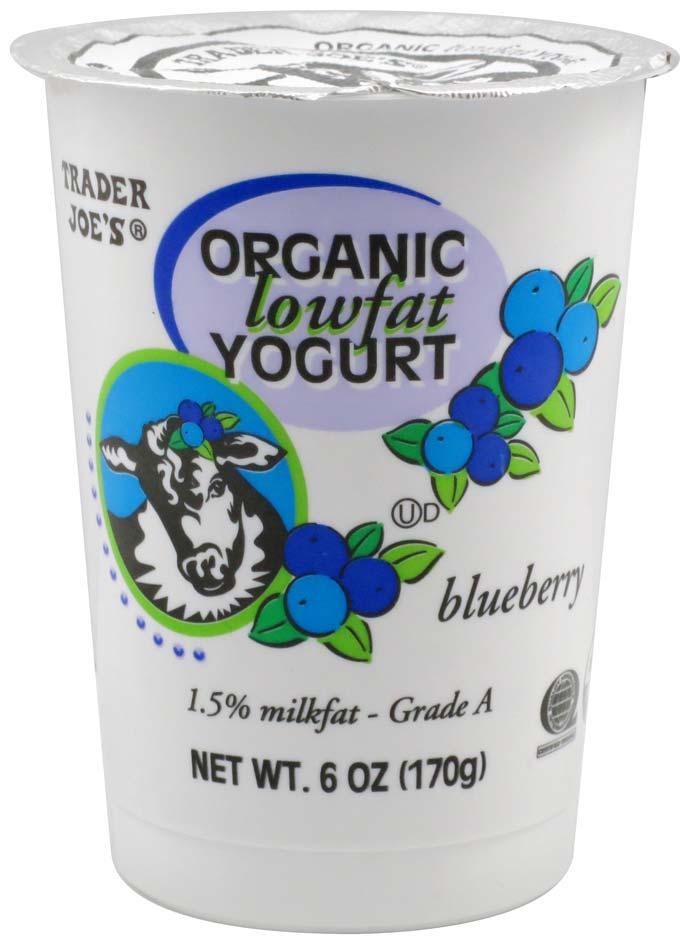 Trader Joes Organic Low Fat Yogurt: Blueberry Trader Joes Yogurt Event Date: May 2014 Price: US 0.99 EURO 0.76 Description: Organic low fat yogurt with blueberry flavor comes in a 170g plastic pot.