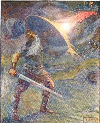 This 1908 illustration depicts Beowulf battling the dragon. (Beowulf, 2008) Beowulf follows the adventures of a hero after whom the tale is named.