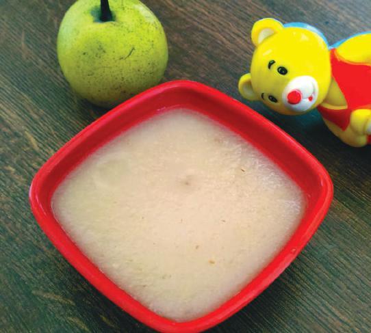 PEAR PUREE Age - Can be given after 5 months Ingredients : One ripe pear pear Relieves constipation Tastes yummy raw or mildly