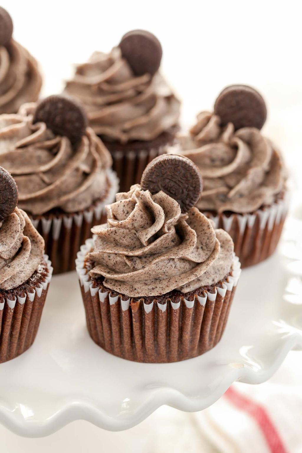 CHOCOLATE OREO CUPCAKES Dough: 1 cup flour 1/3 cup plus 2 tablespoons cocoa powder 3/4 teaspoon baking powder 1 / 2 teaspoon baking soda 1 / 2 teaspoon salt 1 / 2 cup brown sugar 1 / 2 cup granulated