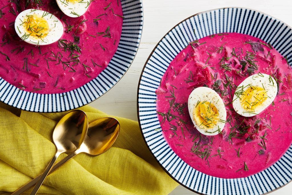 COLD BEETROOT SOUP Lithuania 1 can beetroots 1 cucumber 2 green onions 2 hard-boiled eggs 1 cup sour cream 3 cups buttermilk fresh dill salt 1. Put the eggs into a saucepan with water.