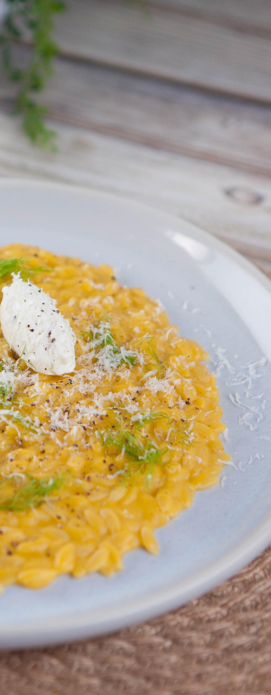 Carrot, Fennel Risotto with Labneh Dumplings 1 x 500g packet San Remo Risoni 50g butter 1 tbsp extra virgin olive oil 2 bunches of Dutch carrots, peeled and roughly chopped 1 small white onion,