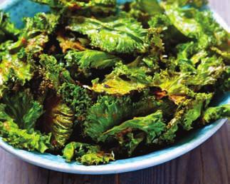 Kale Chips 24 1 lb kale 1 tbsp olive oil sea salt Rinse kale and spin or towel dry. Ensure kale is dry before cooking. Cut kale leaves from stem. Then chop into bite sized pieces.