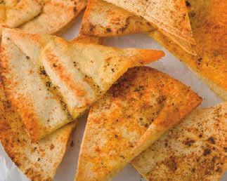 Pita Chips 25 4 pitas 1 tbsp olive oil salt & pepper ½ tsp garlic powder pinch of cayenne pepper Cut pitas into 8 triangle slices.