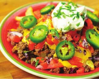 Extra Loaded Fries 4 russet potatoes 1 tbsp olive oil 1 ½ lbs ground beef 1 diced tomato ½ cup diced red onion 1 diced jalapeño ¼ cup chopped fresh cilantro sour cream cheese sauce salt & pepper 27