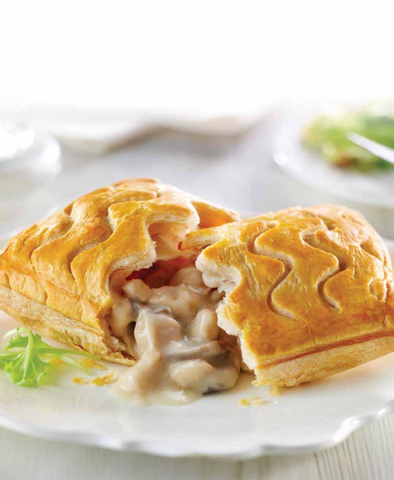 Chunks of succulent chicken in a creamy mushroom sauce encased in a traditional puff