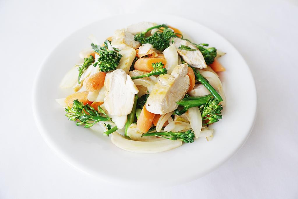 Chicken Stir Fry (makes enough for Day 1 and Day 2) Ingredients 2 chicken breast tender sliced 4 broccolini florets sliced 1/2 cup onion sliced 1/2 cup baby carrots sliced 1/2 cup fennel bulb sliced
