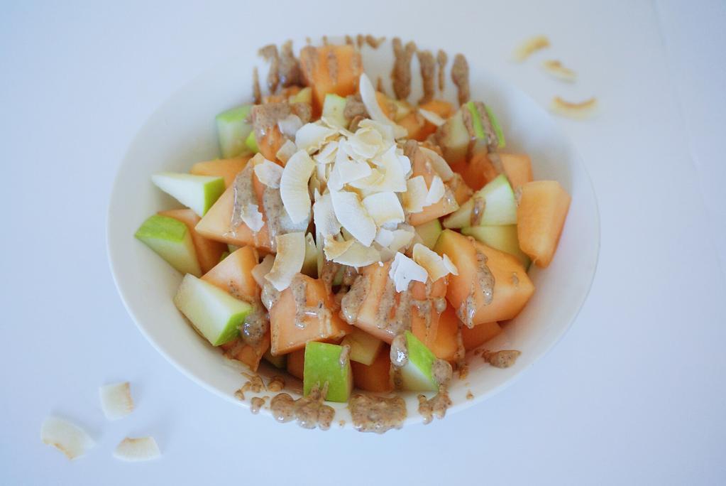 Day 3 Fresh Fruit Salad (makes enough for Day 3 and Day 4) Ingredients 1/2 of a small cantaloupe 2 green apple 2 tablespoon almond butter 1/2 cup coconut flakes 2 tablespoon