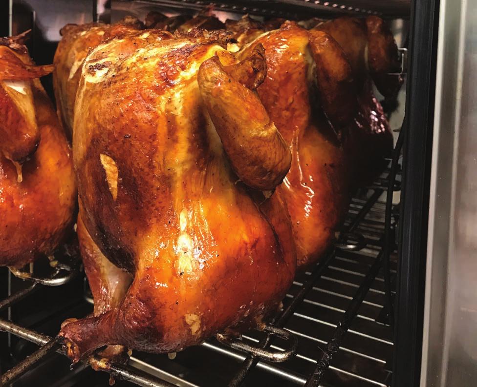 Smoked Rotisserie Style Chicken 8 EACH Whole Chicken 1. Season the chicken with salt and pepper. 2. Spray the chicken rack with oil and slide the chickens into place. 3.
