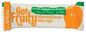 Get Fruity Fruit Bars Do Not 35 x 20g - one flavour per box Marvellous Mango Moist Mixed Berry Scrumptious Strawberry Typical Nutritional Information per 100gm 1593 kj / 378 kcal Protein 6.