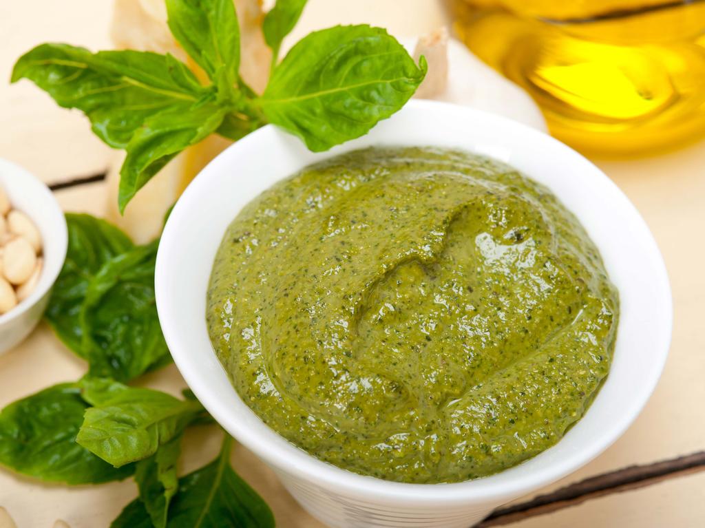 Pesto Sauce Yield: 1 c Total Prep Time: 10m 4 c fresh basil leaves (from about 3 large bunches) 1/3 c pine nuts, walnuts, or almonds, untoasted 3 garlic cloves 1 c olive oil ½ c parmesan salt to