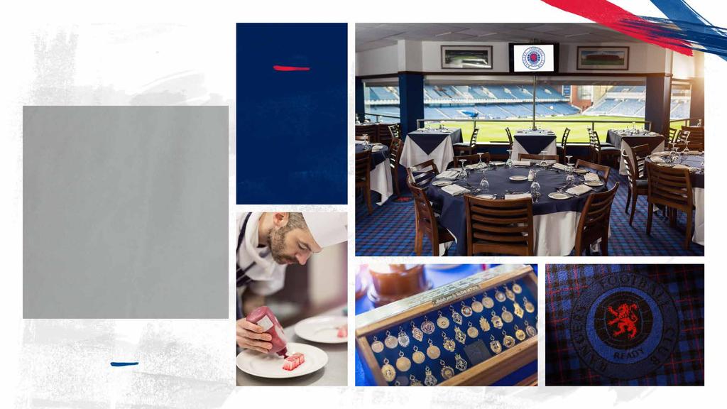 THE LINE UP Complimentary bar Three-course carvery meal Premium match seating THE IBROX SUITE IS DOMINATED BY FULL HEIGHT WINDOWS, WHICH OFFER UNPARALLELED VIEWS OVER THE PITCH AND ALL FOUR STANDS,