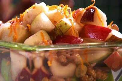 Recipes Apple, Pear and Walnut Salad Ingredients 2 tablespoons red wine vinegar 2 1/2 tablespoons orange juice 1 orange, zested 1/2 cup raisins 4 apples, preferably use 2 to 3 different kinds 2