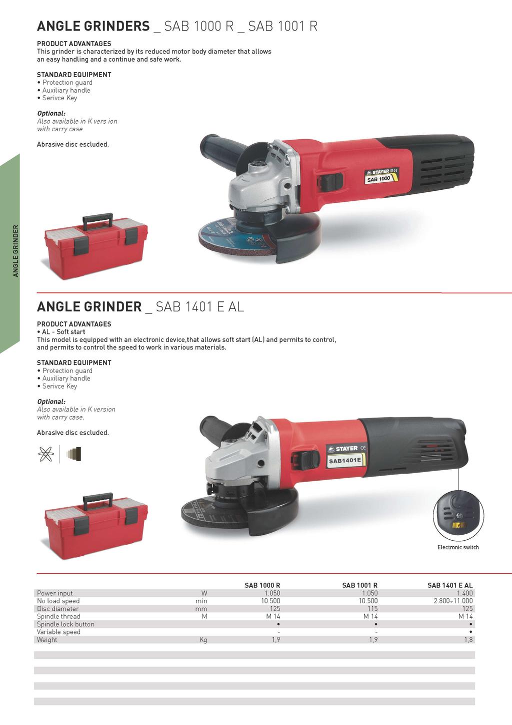 ANGLE GRINDERS _ SAB 1000 R _ SAB 1001 R This grinder is characterized by its reduced motor body diameter that allows an easy handling and a continue and safe work.