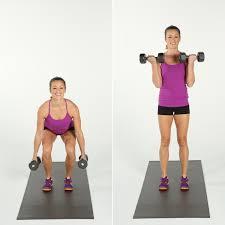 Dumbbell bicep curl Starting in squat position, arms with weights by your sides, palms out, straighten knees and curl weights to shoulders.