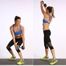 Dumbbell wood chops Legs slightly bent, twist trunk starting with arms on the outside of the knee. Rotate and swing arms high across body.