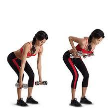 Dumbbell bent row Variation: single leg Knees slightly bent, slight hinge in the hips, arms with weights parallel to the thigh. Bring weights to lower rib cage, driving elbows straight back.