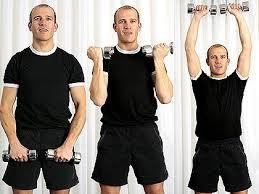 Bicep curl to shoulder press Arms resting at sides,