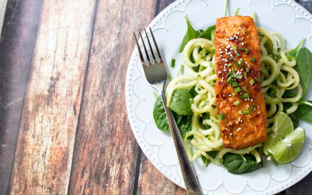HONEY-LIME SRIRACHA SALMON & COLD SESAME CUCUMBER SALAD 1 1/4 lb salmon fillets 4 large cucumbers, peeled and spiralized 1 1/2 tsp water 3 tbsp freshly squeezed lime juice 1 1/2 tbsp honey 1 tbsp