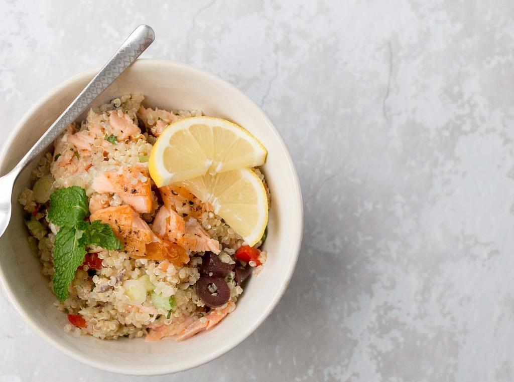 SALMON QUINOA SALAD 1 cup dry quinoa, cooked 1/2 lb salmon 2 tbsp olive oil 1 cup red bell pepper, diced 1/2 cup feta cheese, crumbled 1/2 cup kalamata olives, sliced 1/4 cup scallions, chopped 2
