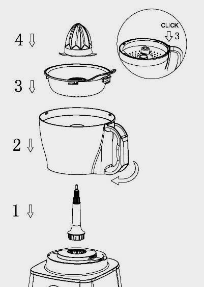 Citrus Juicer: Assembly: 1. Assemble rod into the base of the unit. 2. Place the bowl and lock in place. 3. Place the juicer body on top of the rod. 4. Place the juicer reamer on top of the juicer. 5.