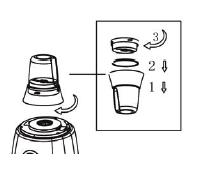 Grinder: Assembly: 1. Place ingredients into the grinder cup, do not fill more than halfway. 2. Set the sealing ring onto the mouth of the grinder cup. 3.
