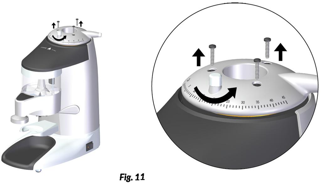 Loosen the screws on the grind regulator ( ) using an Allen key A3 series for the K3 models following Fig.9.