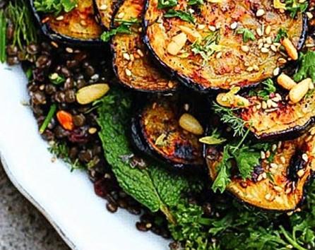 Eggplant Salad 4 Chinese eggplants, grilled, peeled & chopped 1 cup shredded carrots 1/2 cup chopped parsley 1/2 cup cubed firm tofu 2 cups green mix 3 tbsp. Pine nuts 2 tbsp.