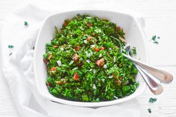 Tabouli Salad 1/2 cup burgle, sook in hot water 2 cups finely chopped fresh parsley 2 cups finely chopped green onion 2 cups finely diced Romano tomatoes 1 cup fine chopped lettuce 1/2 English