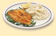 29 55+ Tilapia Florentine One fillet over fresh spinach tossed in Alfredo sauce. Served with mashed potatoes. 55+ Tilapia a la Florentina 9.29 Kids drinks. 1.