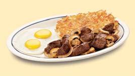 T-Bone steak grilled & served with 3 eggs & 3 buttermilk pancakes.