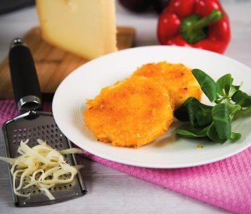 Cheezy Schnitzel The Cheezy Schnitzel is richly filled with vegan cheese. Deliciously creamy and crunchy. A Cheezy Schnitzel weighs 75 grams.