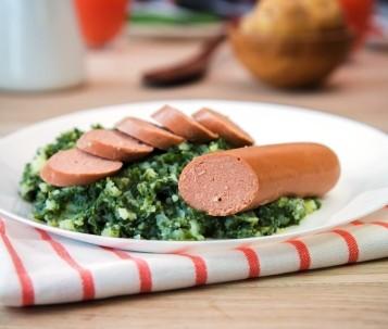 Smoked Sausage A vegetarian smoked sausage. This product is delicious with kale stew or sauerkraut. Of course, the sausage can also be eaten on a bun.