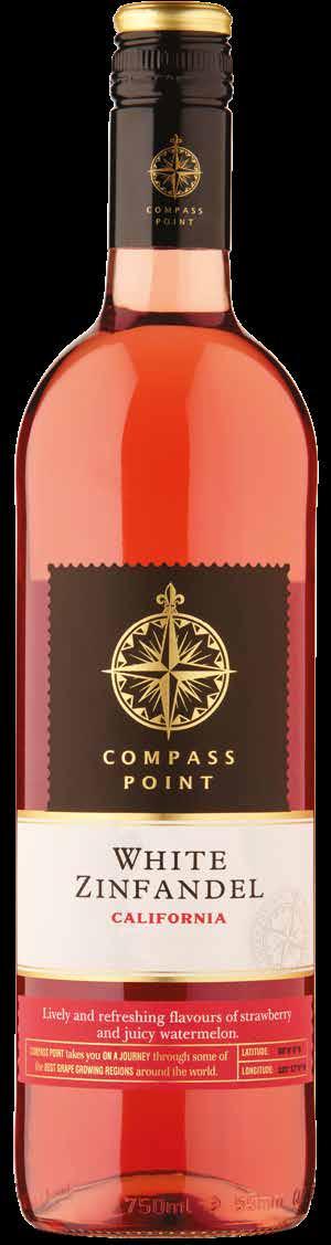 Compass Point White Zinfandel USA On Trade Vintage 2016. Region California, USA. Grape Variety 100% Zinfandel. 11.5% (8.6 units per 75cl bottle & 1.4 units per 125ml glass). Formats 75cl, 18.7cl.