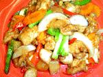 95 Pad Ped Pla Kra Pow (Fish Spicy Basil) Deep fried fish fillet sauteed with onions, bell peppers and sweet basil leaves in a hot chili sauce....$9.