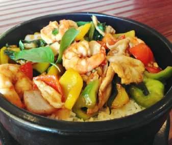 Wok Stir-Fry Thai Basil, Red / Yellow / Green Bell Pepper, & Onion in Special House Sauce Jasmine Rice Plate - marinade contains Soy & Gluten