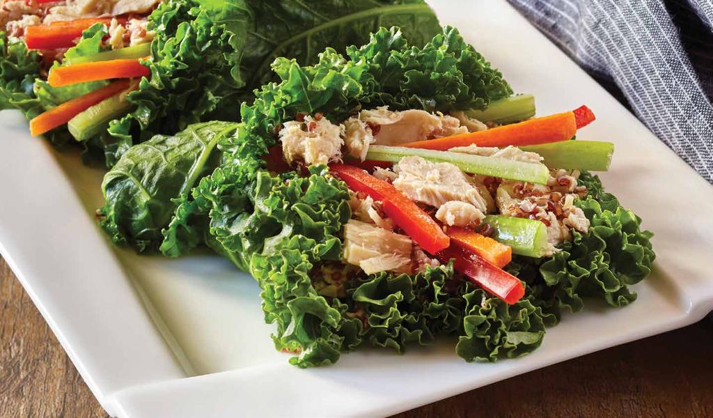 Tuna Kale Rolls SERVINGS: 4 1 bunch Kale, stems and center rib removed ½ c Red quinoa, cooked according to package directions, room temperature 2 (5 oz) cans Solid White Albacore Tuna in Water,