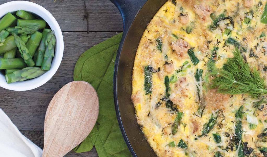 yield: 1 large frittata pan servings: 2-3 Herbed Salmon & Asparagus Frittata 12 oz Fresh asparagus 1 Tbsp Olive oil 6 Large eggs 3 Tbsp Skim milk 2 Green onions, trimmed and sliced 5 oz pouch Chicken