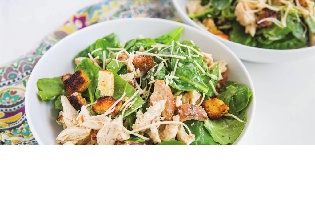 Kale caesar salad with chicken In most Caesar salads, you ll see romaine as the base. We took a twist and packed our Caesar salad with more nutrient-dense leafy greens, like kale and spinach.